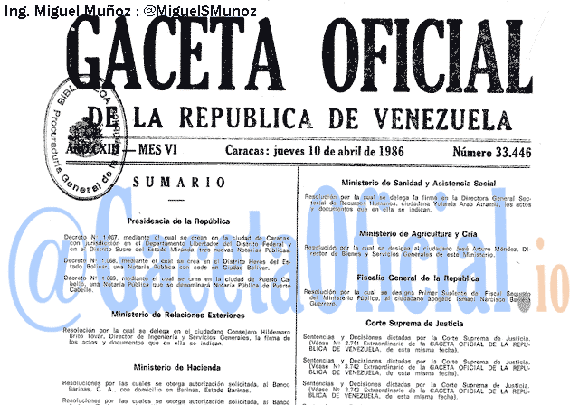 Gaceta Oficial 33446 del 10 Abril 1986