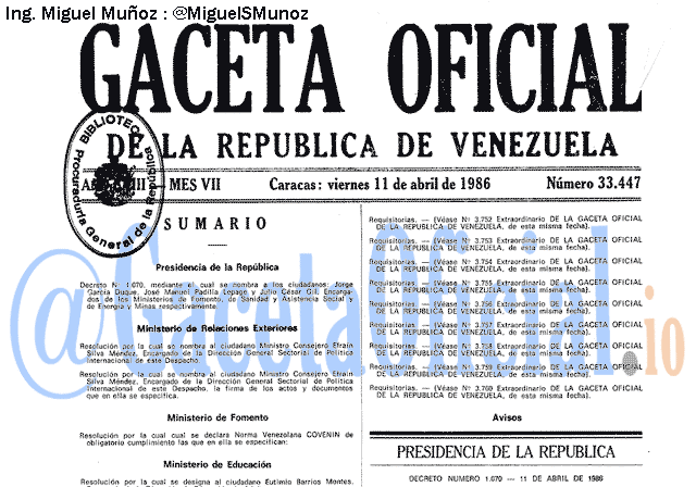 Gaceta Oficial 33447 del 11 Abril 1986