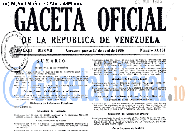 Gaceta Oficial 33451 del 17 Abril 1986