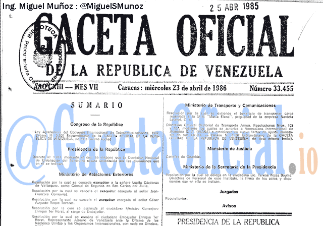 Gaceta Oficial 33455 del 23 Abril 1986