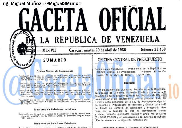 Gaceta Oficial 33459 del 29 Abril 1986