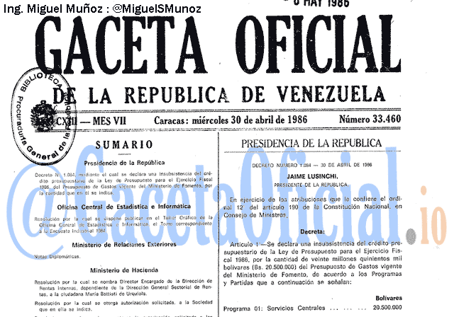 Gaceta Oficial 33460 del 30 Abril 1986