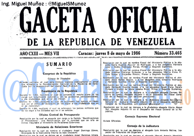 Gaceta Oficial 33465 del 8 Mayo 1986