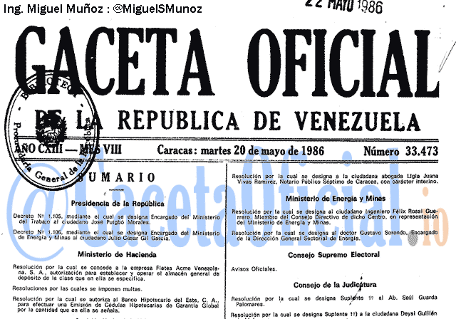 Gaceta Oficial 33473 del 20 Mayo 1986