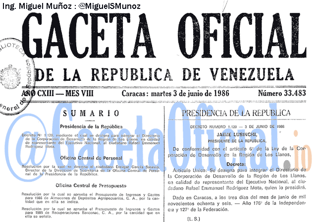 Gaceta Oficial 33483 del 3 Junio 1986