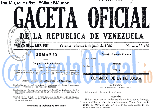 Gaceta Oficial 33486 del 6 Junio 1986