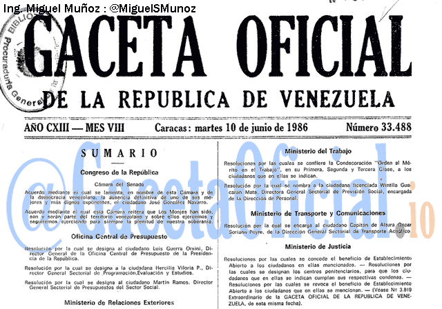 Gaceta Oficial 33488 del 10 Junio 1986