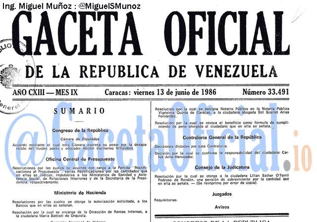 Gaceta Oficial 33491 del 13 Junio 1986