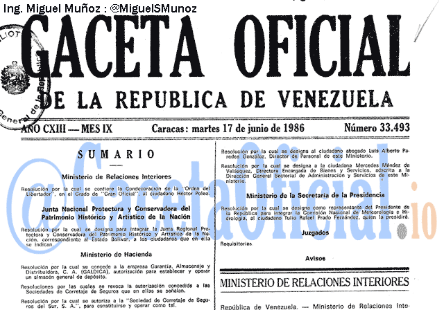 Gaceta Oficial 33493 del 17 Junio 1986