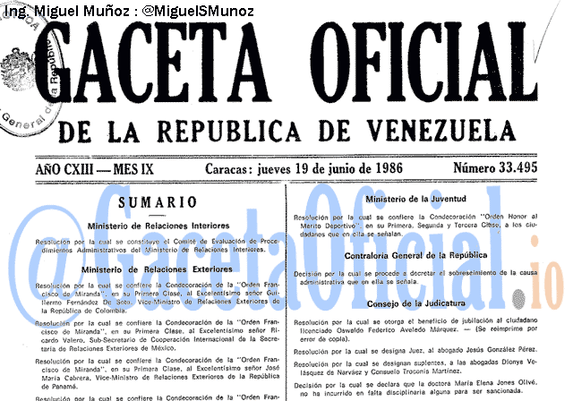Gaceta Oficial 33495 del 19 Junio 1986