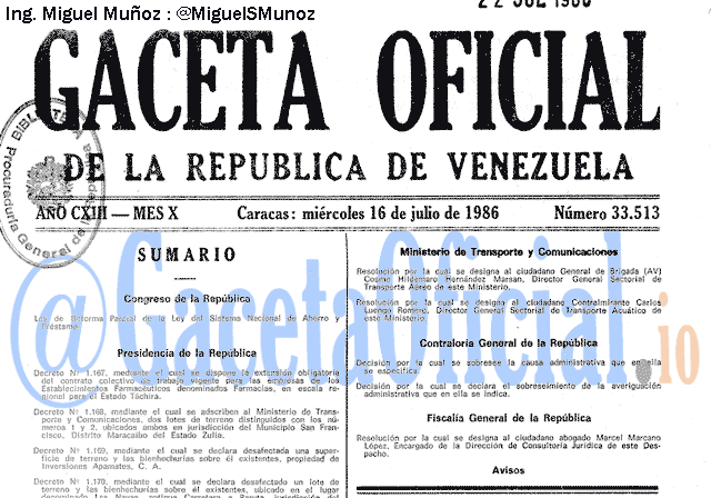 Gaceta Oficial 33513 del 16 Julio 1986