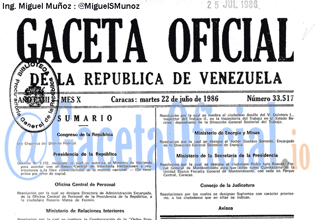 Gaceta Oficial 33517 del 22 Julio 1986