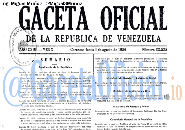 Gaceta Oficial 33525 del 4 Agosto 1986
