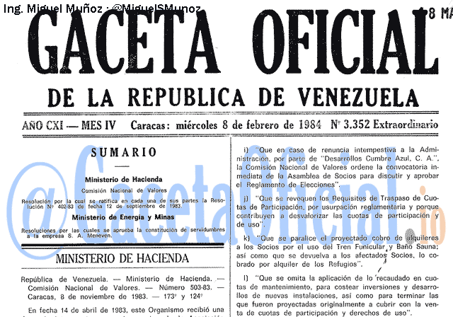 Gaceta Oficial 3352 del 8 Febrero 1984