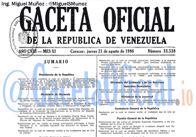Gaceta Oficial 33538 del 21 Agosto 1986