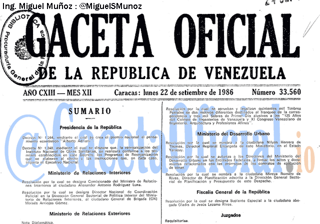 Gaceta Oficial 33560 del 22 Septiembre 1986