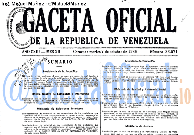 Gaceta Oficial 33571 del 7 Octubre 1986