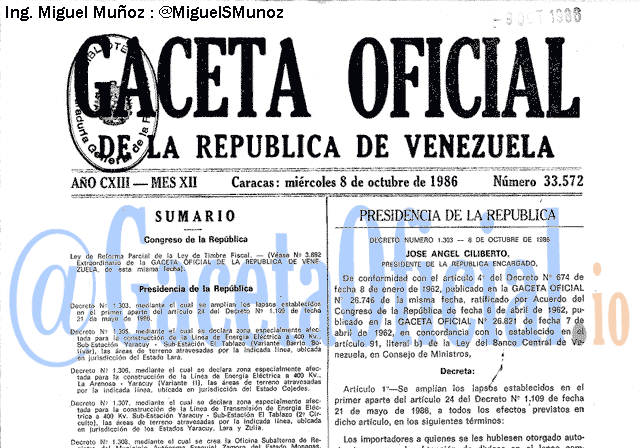 Gaceta Oficial 33572 del 8 Octubre 1986