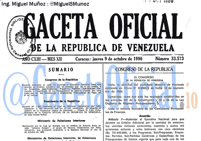 Gaceta Oficial 33573 del 9 Octubre 1986