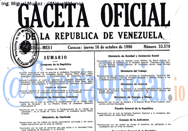 Gaceta Oficial 33578 del 16 Octubre 1986