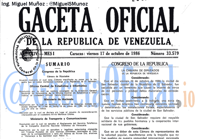 Gaceta Oficial 33579 del 17 Octubre 1986