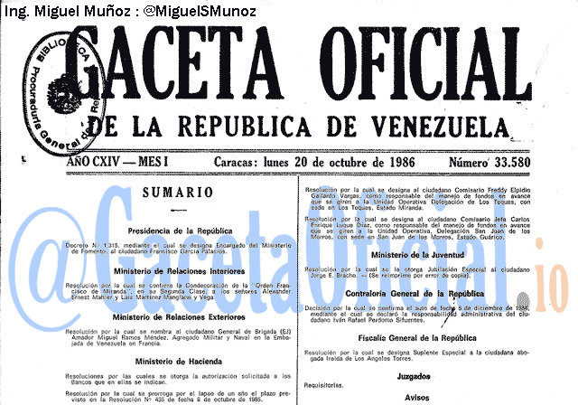 Gaceta Oficial 33580 del 20 Octubre 1986