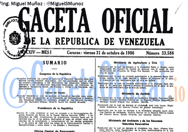 Gaceta Oficial 33588 del 31 Octubre 1986