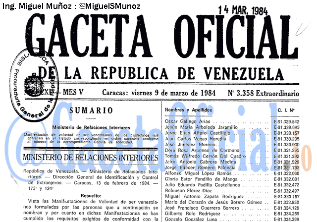 Gaceta Oficial 3358 del 9 Marzo 1984