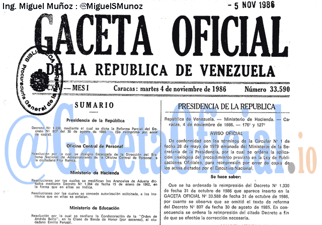 Gaceta Oficial 33590 del 4 Noviembre 1986