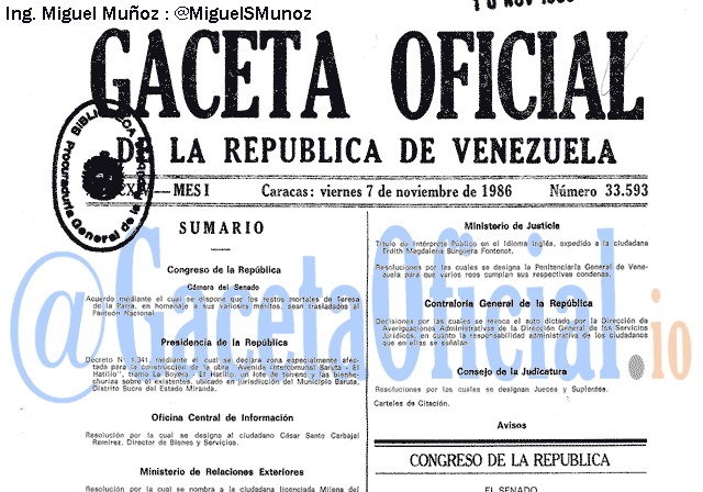 Gaceta Oficial 33593 del 7 Noviembre 1986