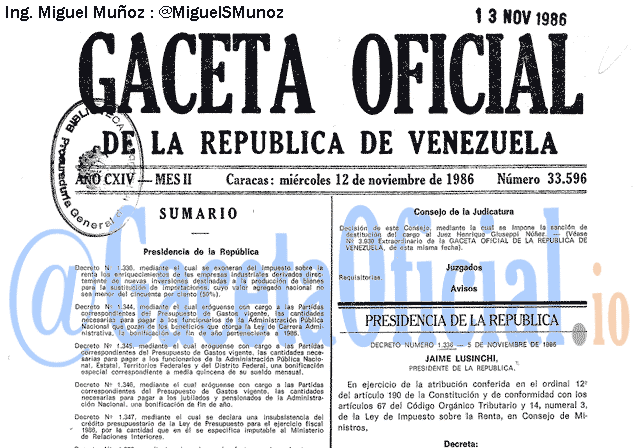 Gaceta Oficial 33596 del 12 Noviembre 1986