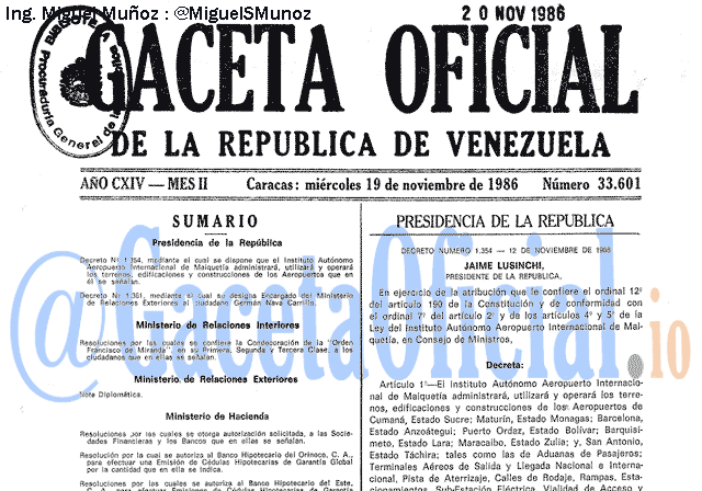 Gaceta Oficial 33601 del 19 Noviembre 1986