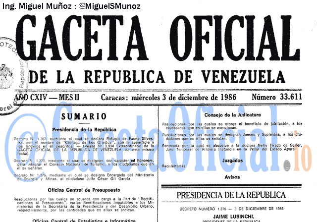 Gaceta Oficial 33611 del 3 Diciembre 1986