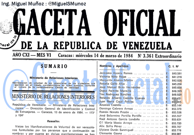 Gaceta Oficial 3361 del 14 Marzo 1984