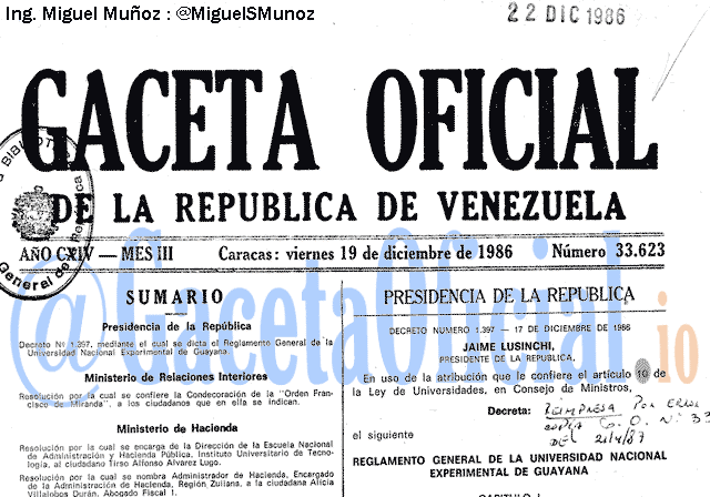 Gaceta Oficial 33623 del 19 Diciembre 1986