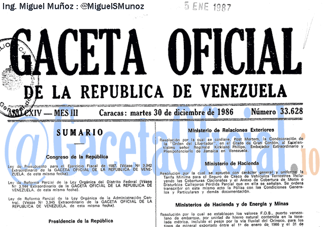Gaceta Oficial 33628 del 30 Diciembre 1986