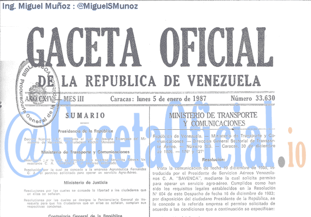Gaceta Oficial 33630 del 5 Enero 1987