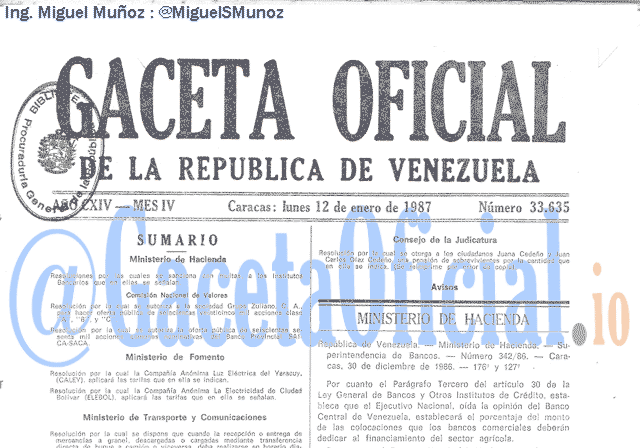 Gaceta Oficial 33635 del 12 Enero 1987