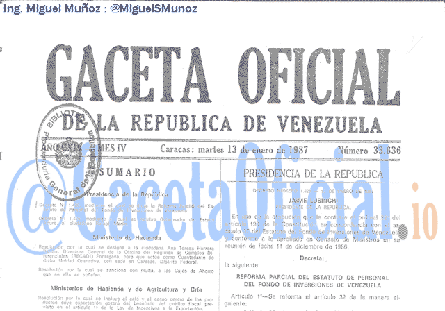 Gaceta Oficial 33636 del 13 Enero 1987