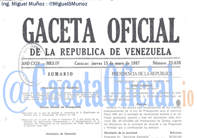 Gaceta Oficial 33638 del 15 Enero 1987