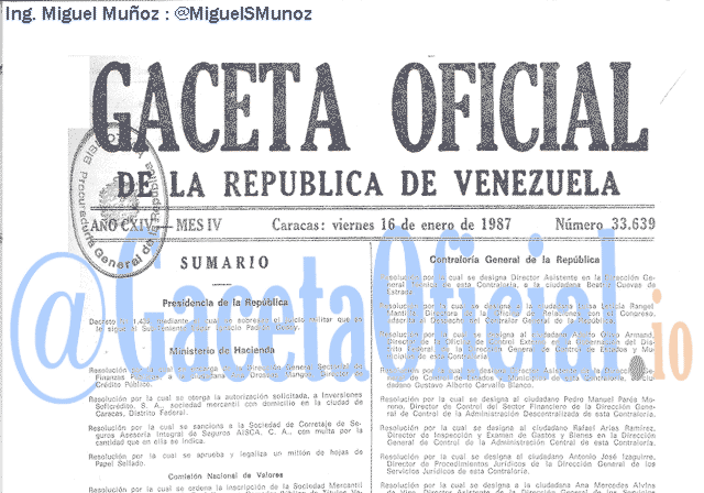 Gaceta Oficial 33639 del 16 Enero 1987