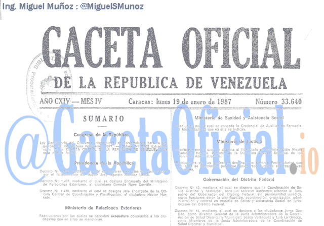 Gaceta Oficial 33640 del 19 Enero 1987