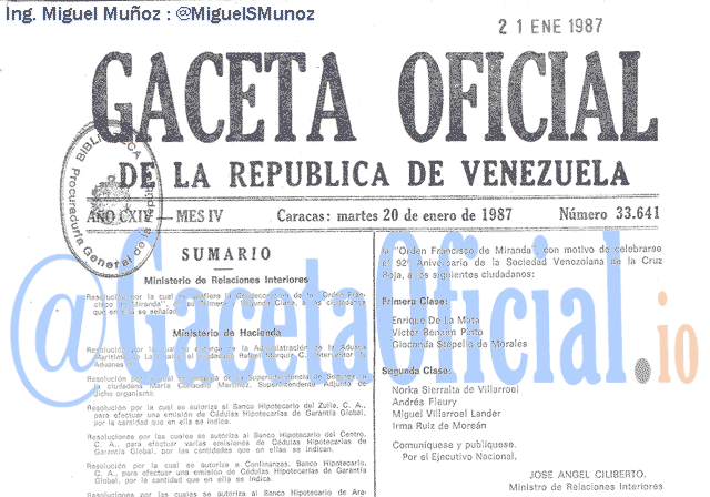 Gaceta Oficial 33641 del 20 Enero 1987