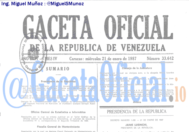 Gaceta Oficial 33642 del 21 Enero 1987