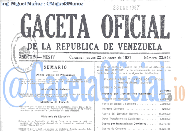 Gaceta Oficial 33643 del 22 Enero 1987