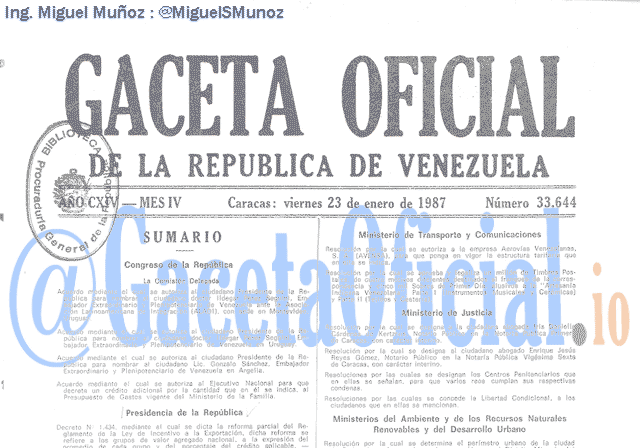 Gaceta Oficial 33644 del 23 Enero 1987