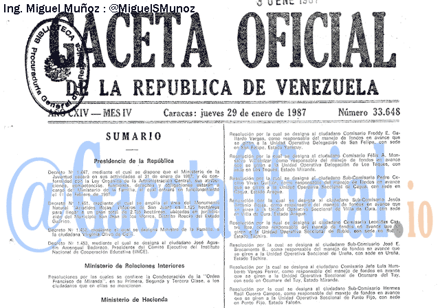 Gaceta Oficial 33648 del 29 Enero 1987