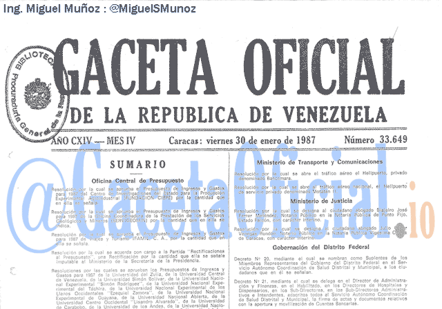 Gaceta Oficial 33649 del 30 Enero 1987