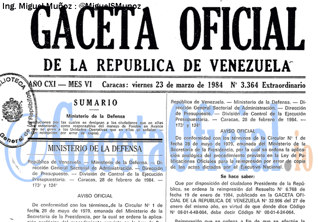 Gaceta Oficial 3364 del 23 Marzo 1984