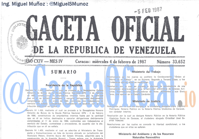 Gaceta Oficial 33652 del 4 Febrero 1987
